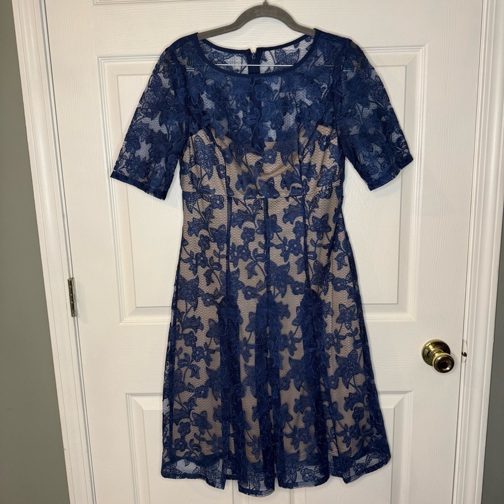 Adrianna Papell Blue Lace Cream Lined Midi Dress With Short Sleeves Size 8 Guc